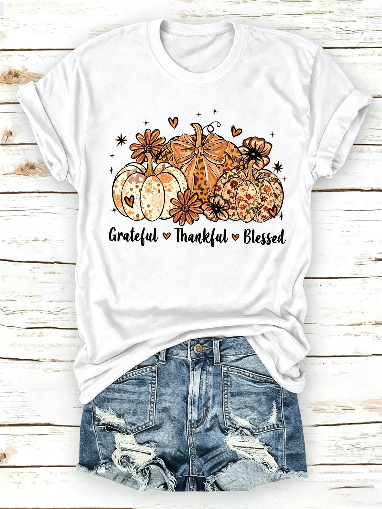 Women's Grateful Thankful Blessed Pumpkin Graphic T-Shirt, Fall Thanksgiving Floral Pumpkin Short Sleeve Crewneck Tee