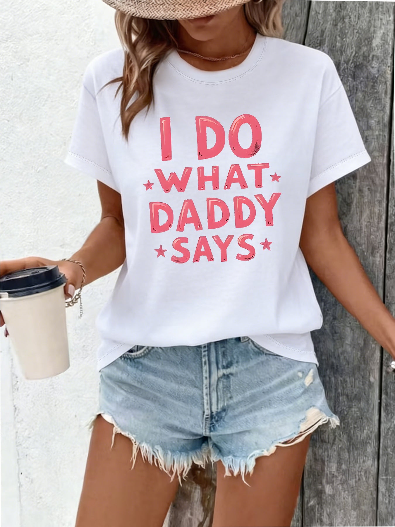 Women's Funny T-Shirt I Do What Daddy Says Graphic Tee, Casual Crewneck Letter Print Top