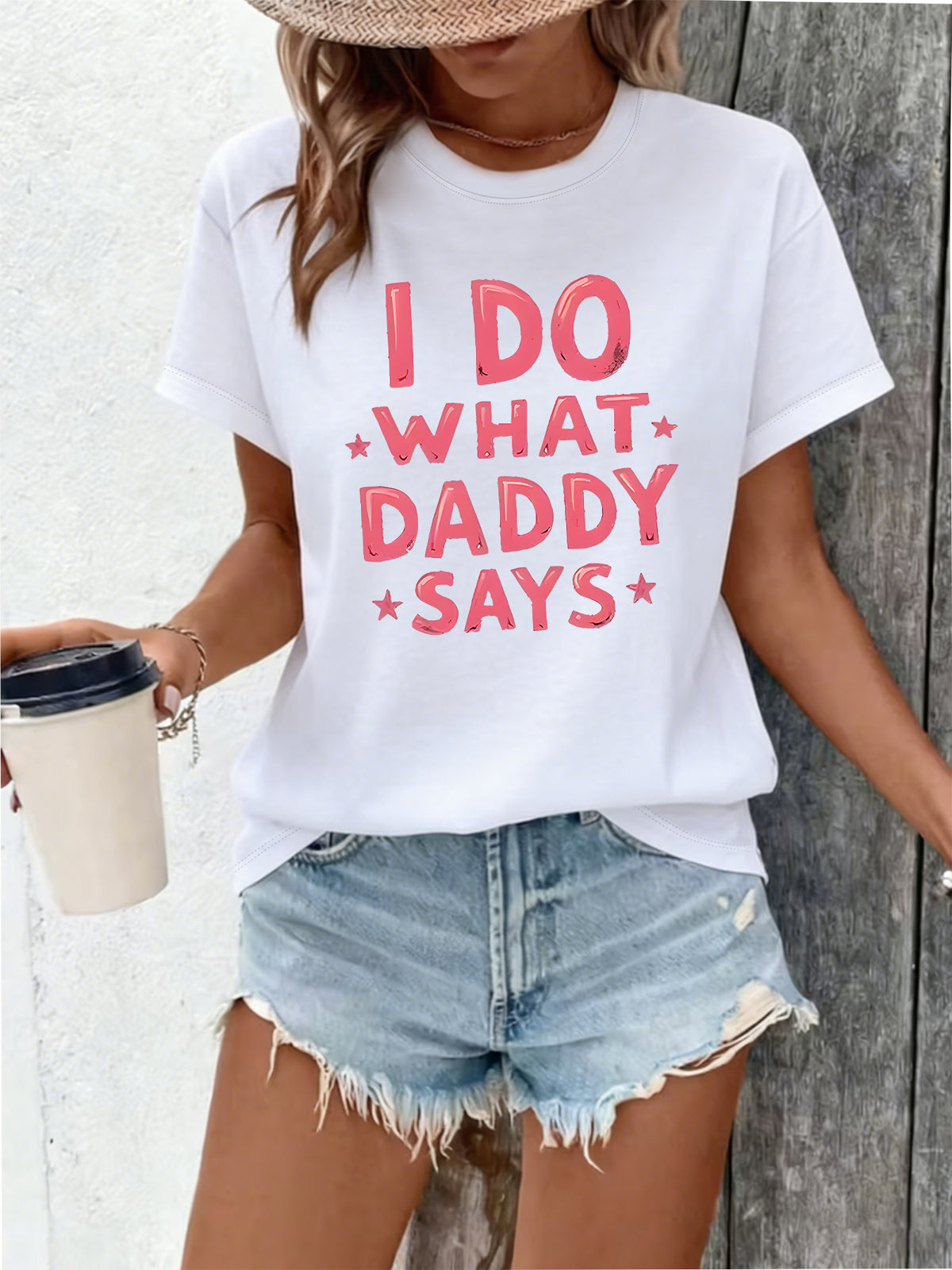 Women's Funny T-Shirt I Do What Daddy Says Graphic Tee, Casual Crewneck Letter Print Top