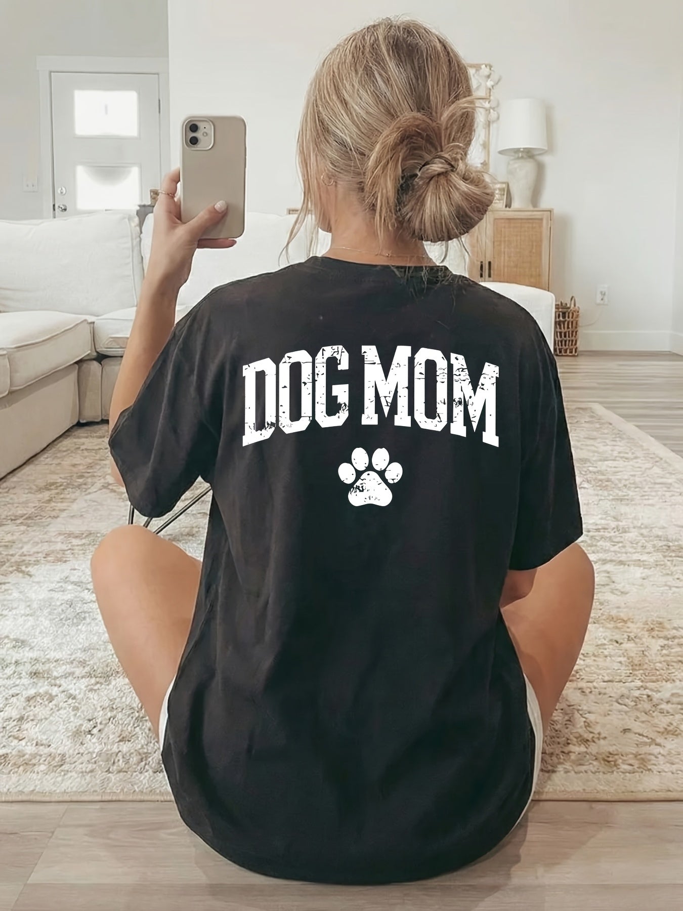 DOG MOM Letter Paw Print Front Back White Tee Spring Summer Crew Top