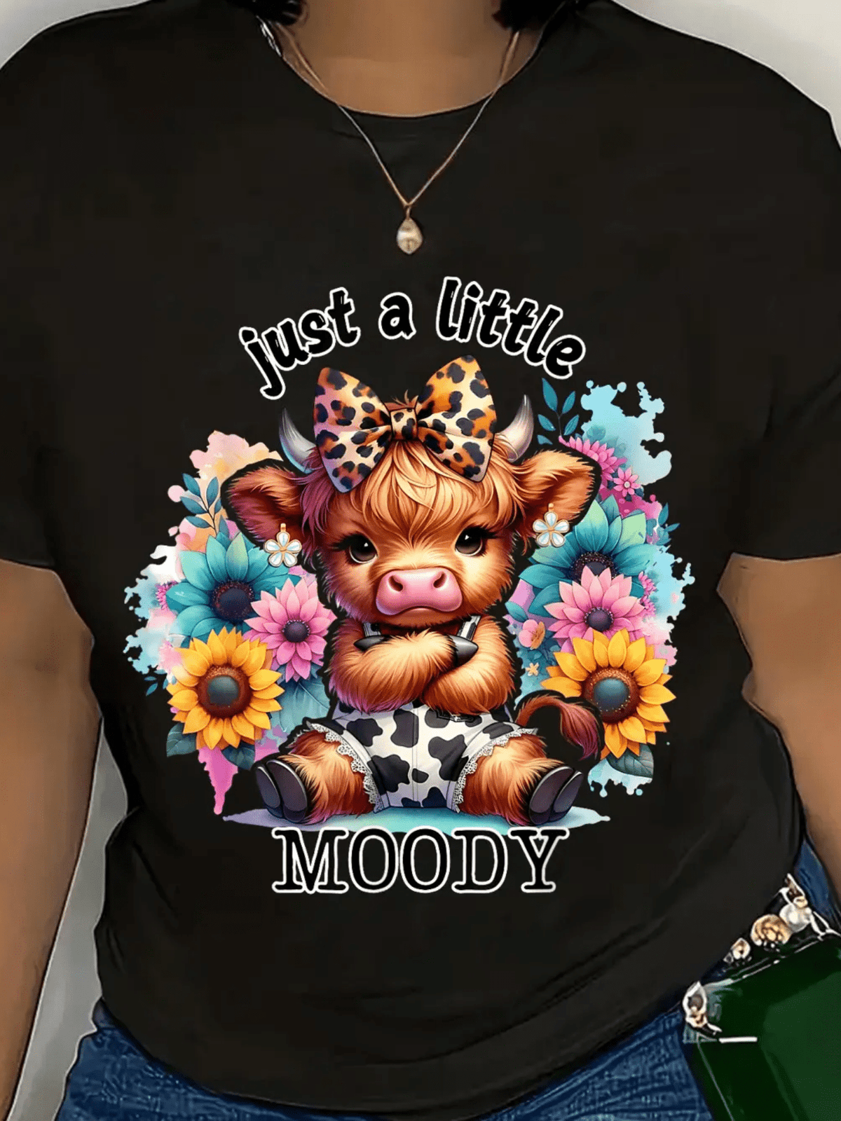 Just A Little Moody Cute Attitude Highland Cow Sunflowers T-Shirt, Seasonal Fashion, Retro Design, Comfortable Fit, Short Sleeve Shirt, Gift Shoppers, Holiday Shoppers