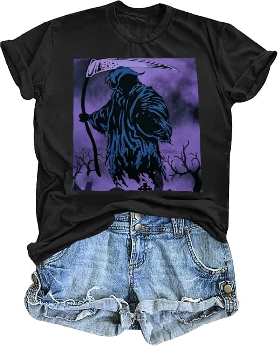 Womens Funny Printed Shirts Halloween Short Sleeve Graphic Tees Fall T-Shirts Terrifying Vintage Tops