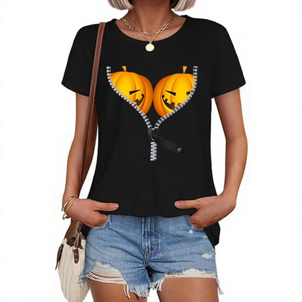 Women's Retro Pumpkin Print Crew Neck T-Shirt Halloween Tees for Women