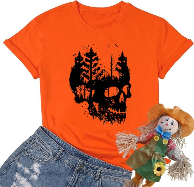 Funny Shirts for Women Vintage Skull Tshirt Holiday Short Sleeve Tops
