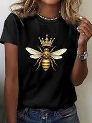 Royal Bee Print Short Sleeve Tee Spring Summer Crew Neck Casual Top