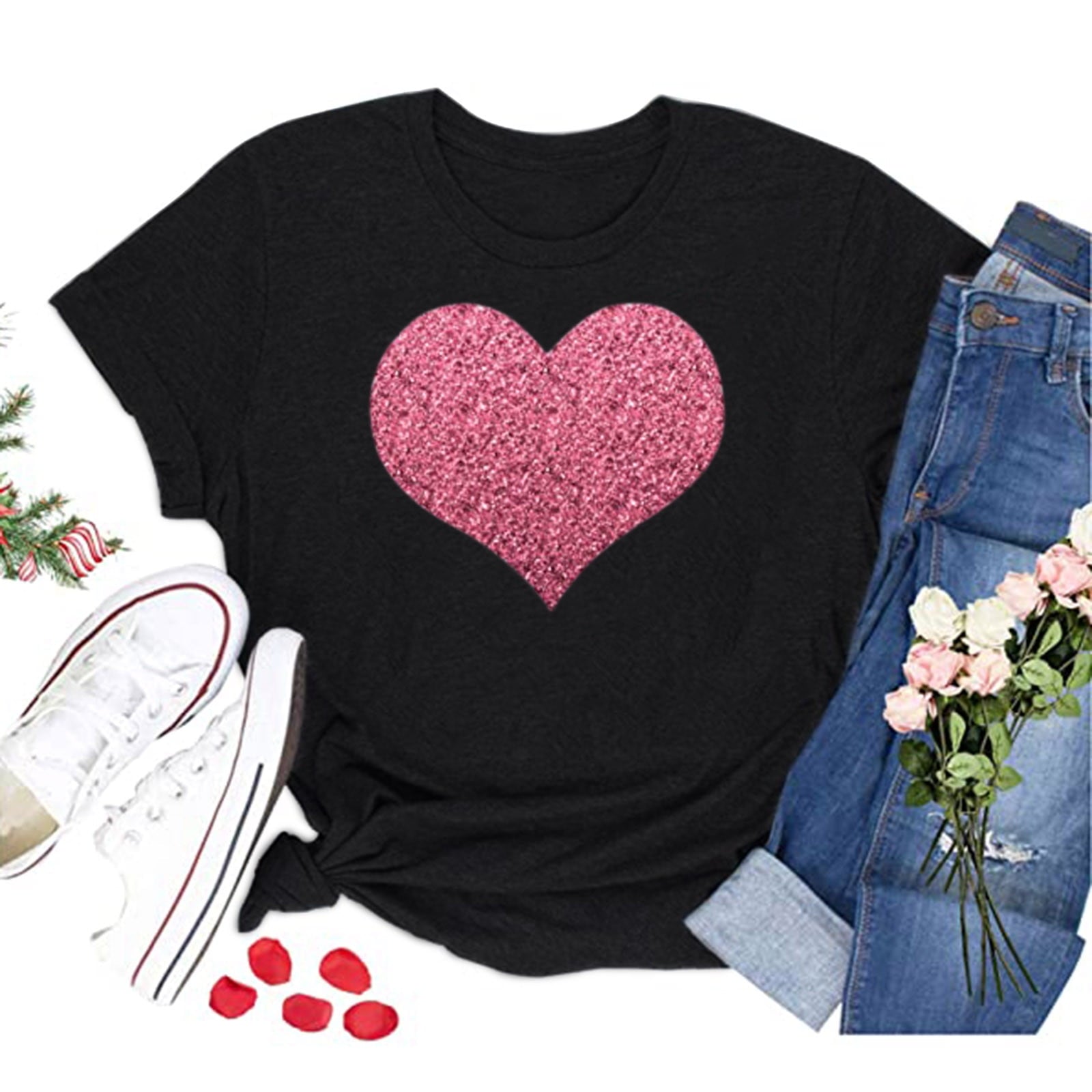 Aofany Womens Plus Size Shirts Women T-Shirt Glittery Heart Graphic Valentine’s Day Short Sleeve Tees Tops