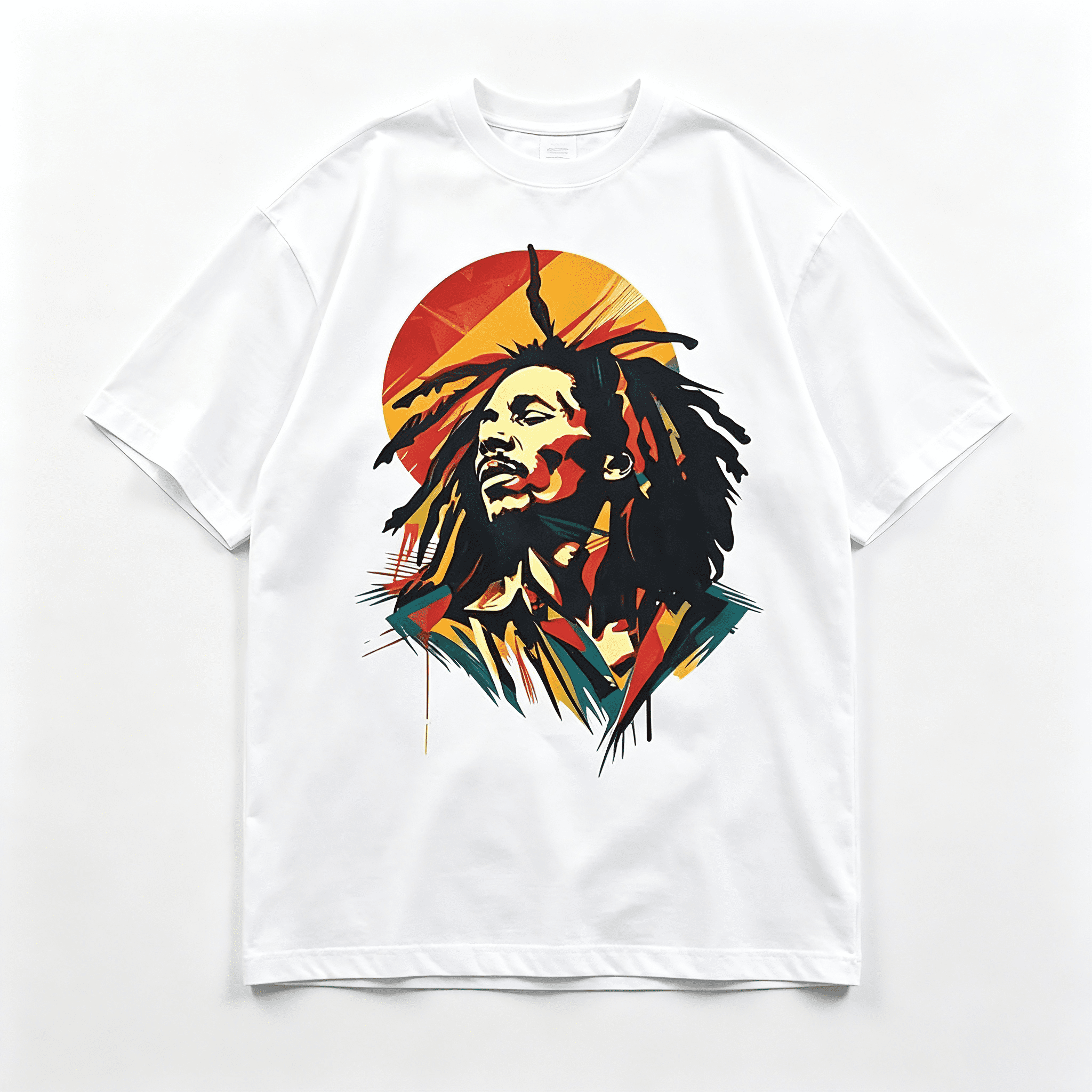 Men's White Bob Marley Reggae Icon Abstract Art Graphic T-Shirt, Crew Neck Casual Top