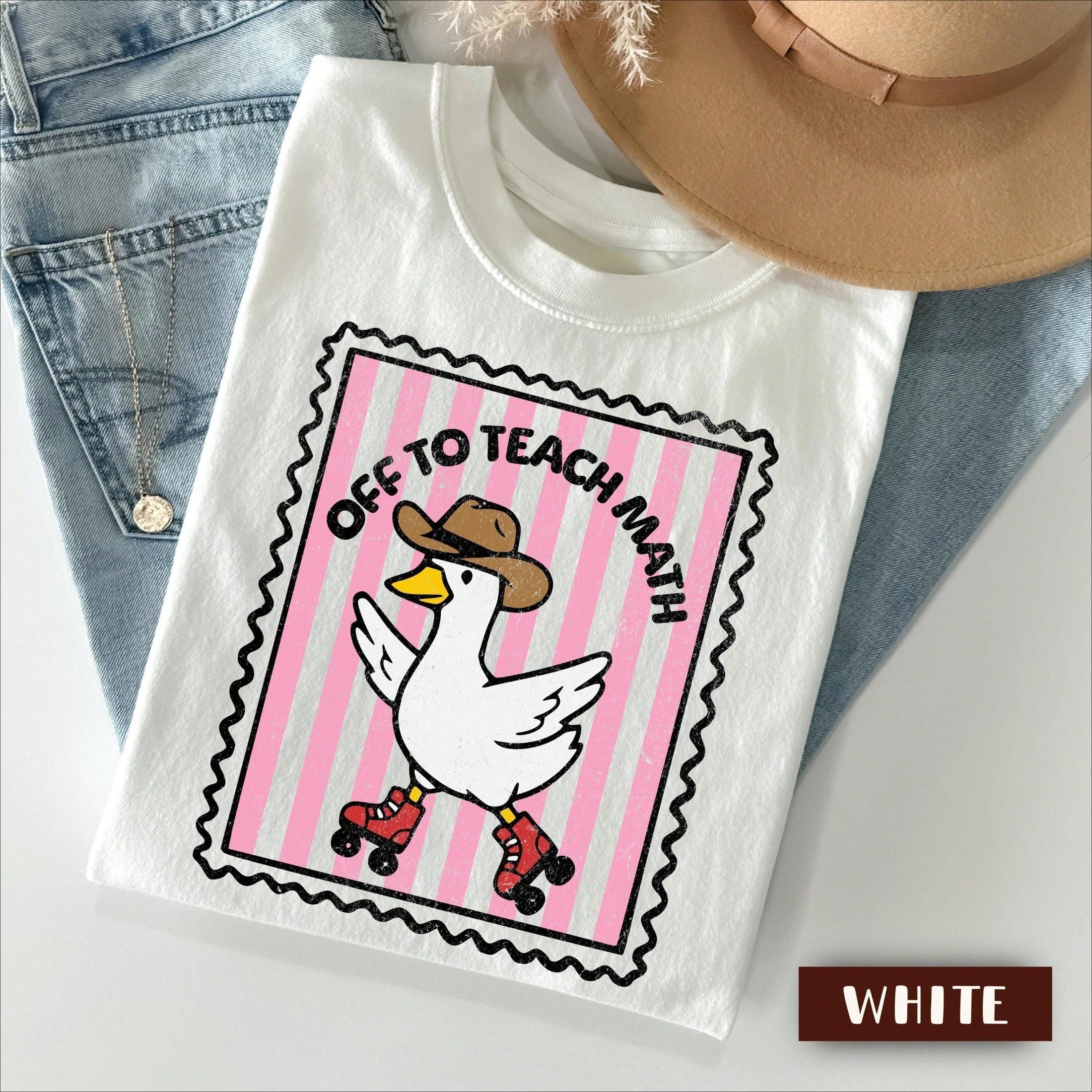 Off To Teach Math T‑Shirt, Cute Duck Cowboy Roller Skate Stamp Graphic Tee, Math Teacher Gift Casual Short‑Sleeve Shirt