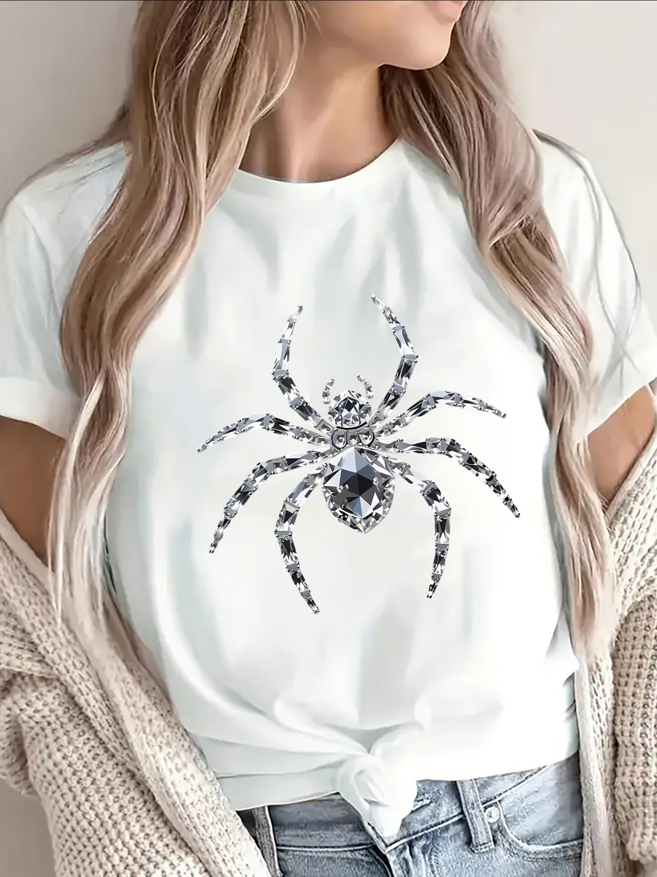 Glitter Spider Print Short Sleeve Tee Halloween Lightweight Durable Top