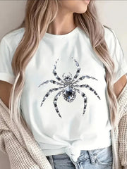 Glitter Spider Print Short Sleeve Tee Halloween Lightweight Durable Top