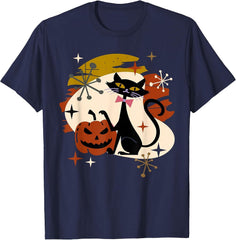 Black Cat and Pumpkin Atomic Retro Halloween T-Shirt