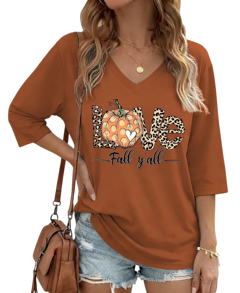 Womens Half Sleeve Fall Shirts Halloween V Neck Three Quarters Sleeve Pumpkin T-Shirts Thanksgiving Tops