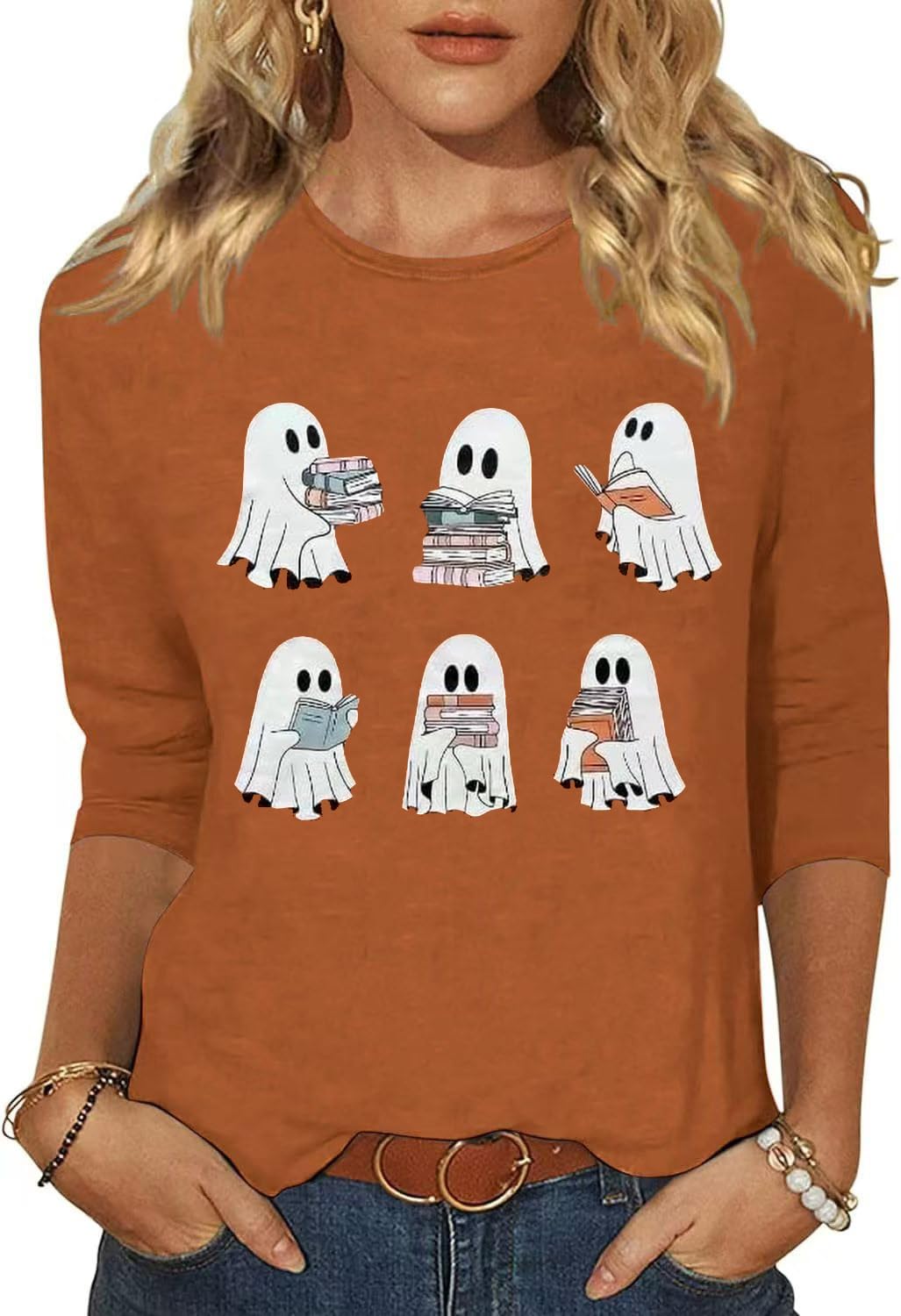 Woffccrd Womens Casual Halloween 3/4 Sleeve Crew Neck Tee Shirts Leopard Pumpkin Shirts Thanksgiving Fall Tops