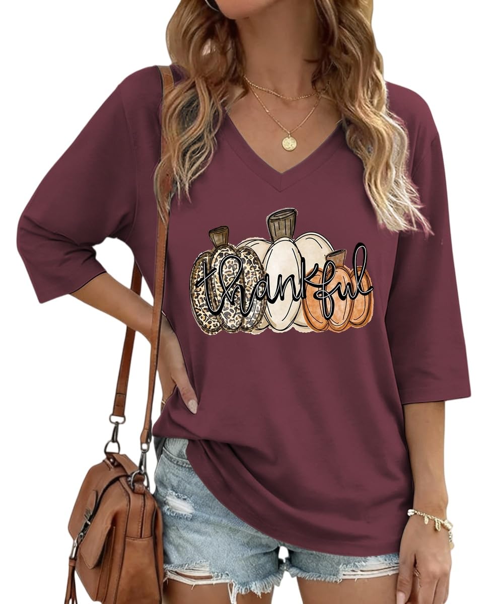 Womens Half Sleeve Fall Shirts Halloween V Neck Three Quarters Sleeve Pumpkin T-Shirts Thanksgiving Tops