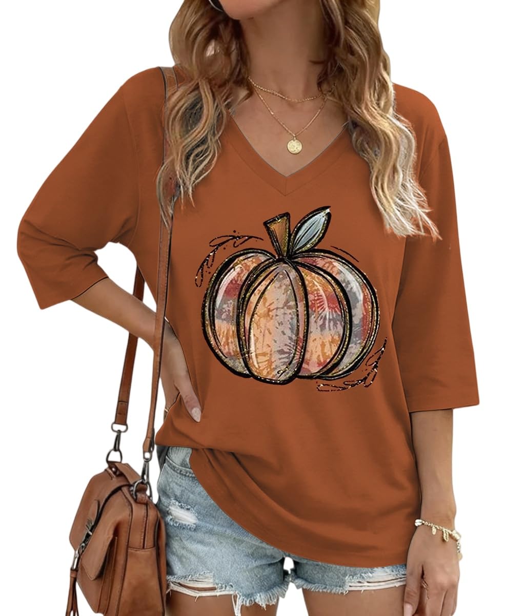 Womens Half Sleeve Fall Shirts Halloween V Neck Three Quarters Sleeve Pumpkin T-Shirts Thanksgiving Tops