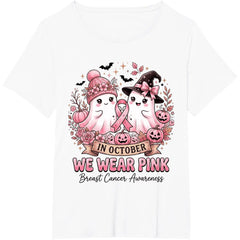 Breast Cancer Awareness Halloween Ghost T-Shirt In October We Wear Pink Graphic Tee Unisex Short Sleeve Shirt