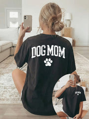 DOG MOM Letter Paw Print Front Back White Tee Spring Summer Crew Top