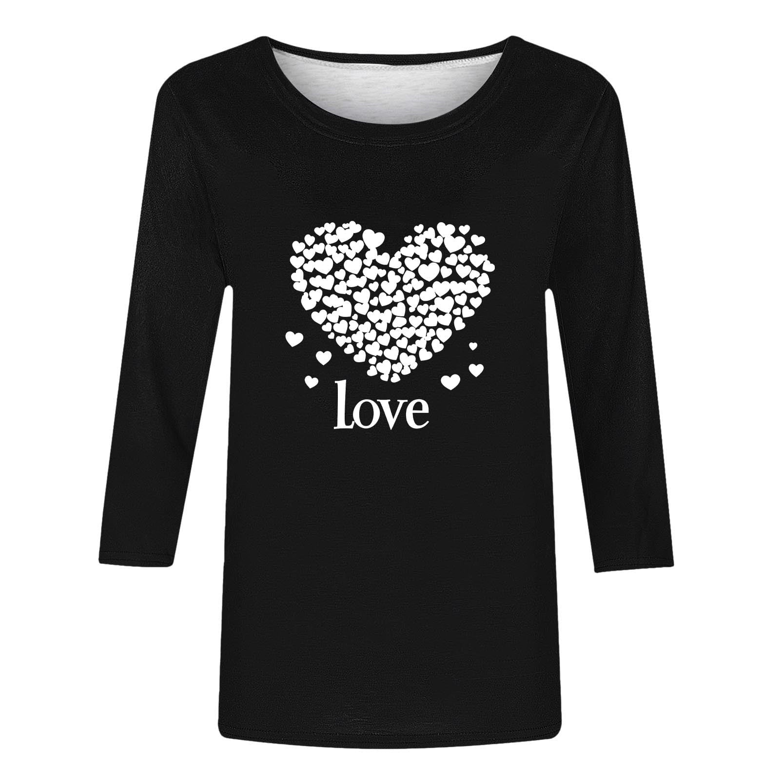 mihongmao Tee Shirts for Women Graphic Crewneck Women's Valentine's Day Printed 3/4 Sleeve Fashionable Round Neck Black S
