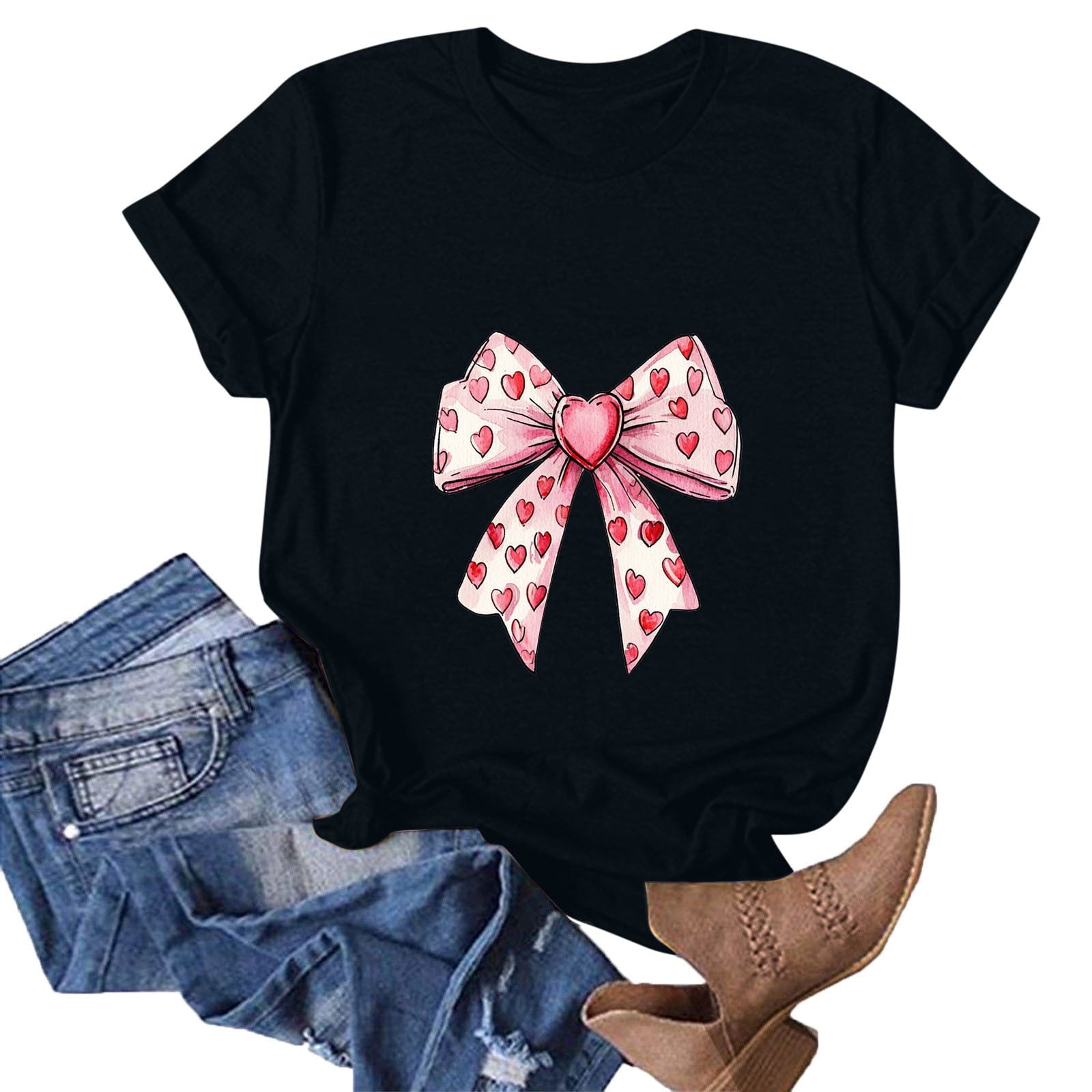 EchfiProm T shirts for Women Graphic Tee Valentine Day Valentine Summer Cute Lovers Shirts Bow Print