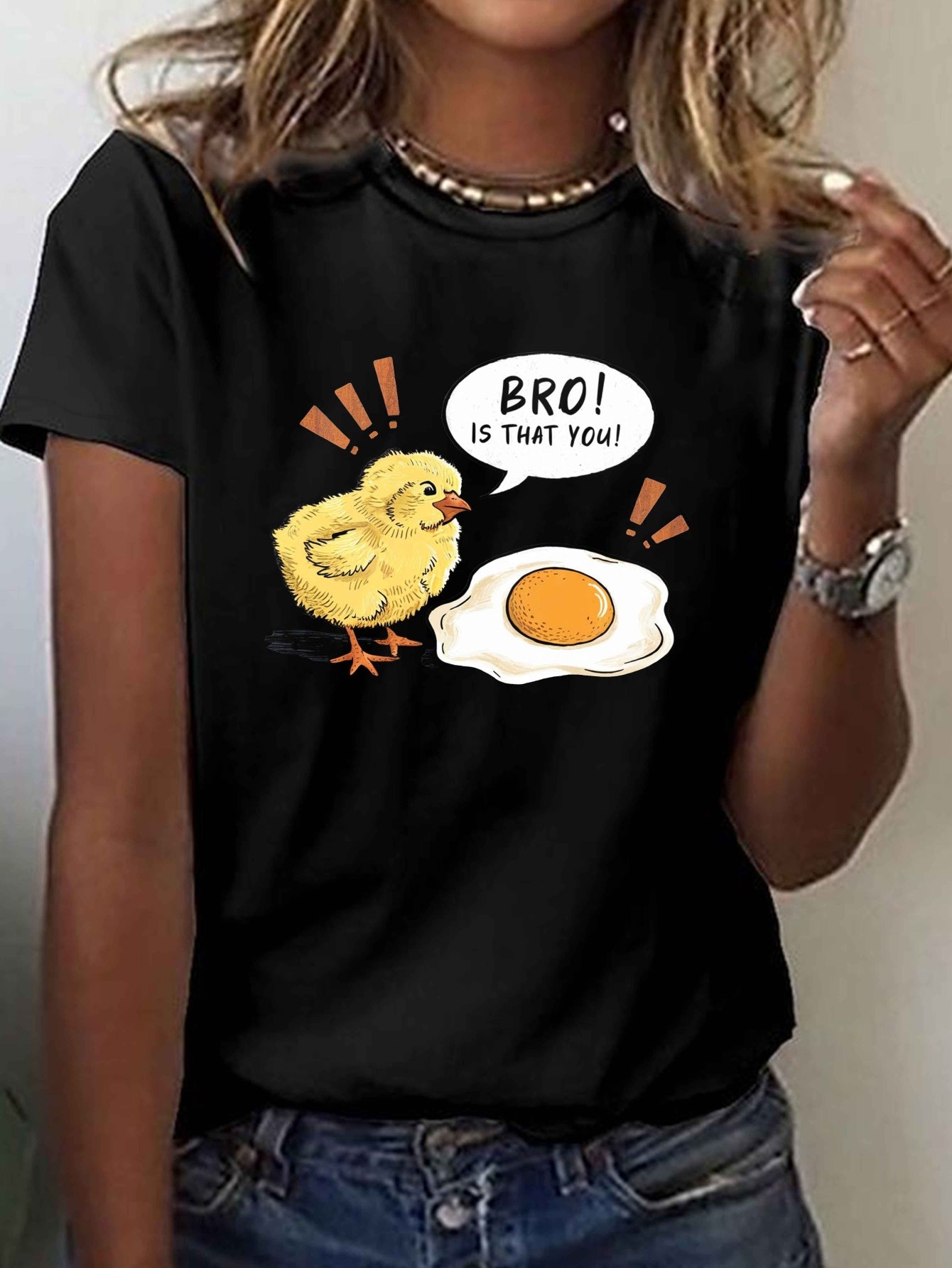 Chick Egg Vibrant Print Short Sleeve Tee Spring Summer Crew Neck Casual Top