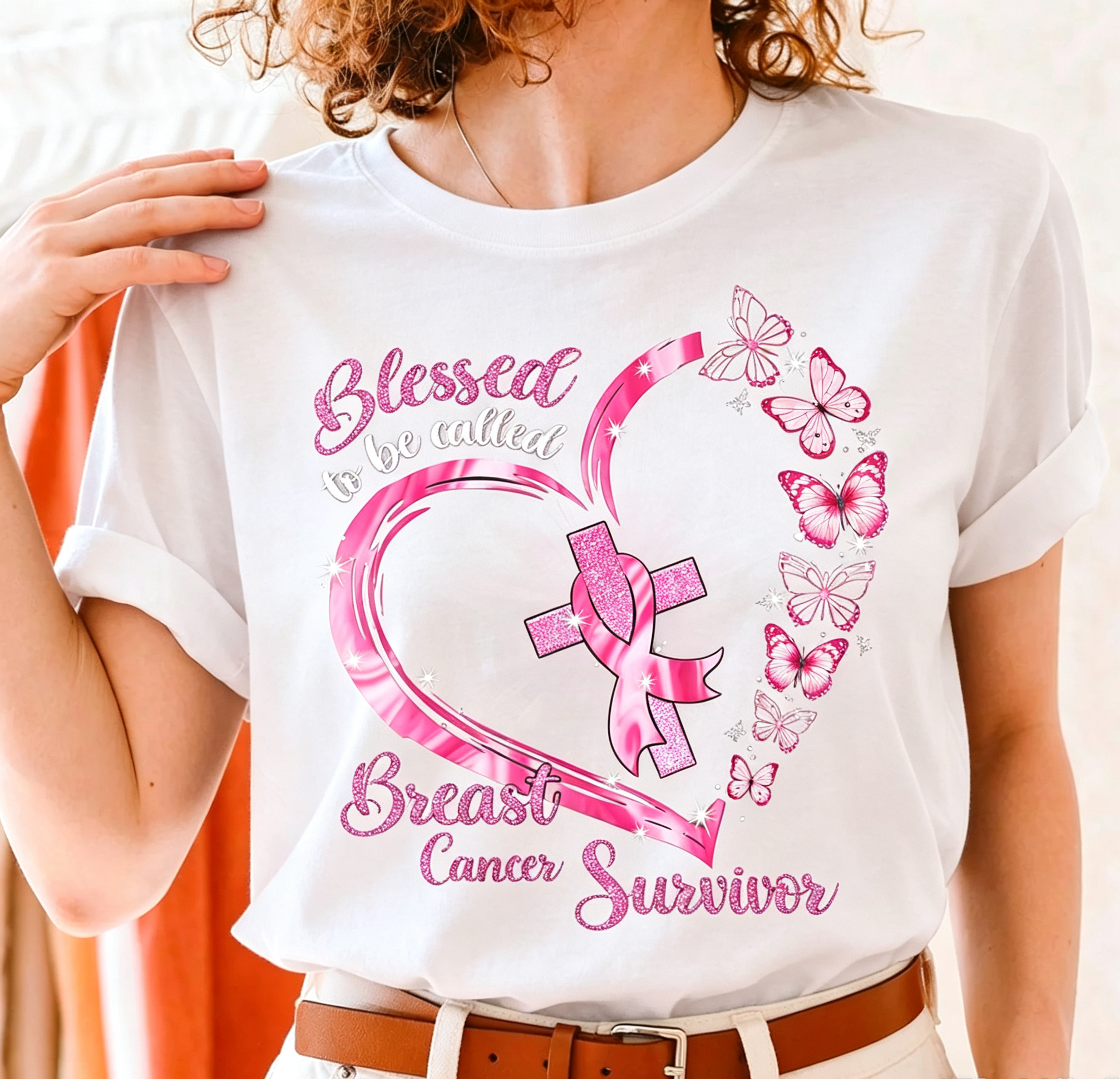 Women’s Breast Cancer Survivor Graphic T‑Shirt, Pink Butterfly Blessed Warrior Short‑Sleeve Tee,Women Clothing