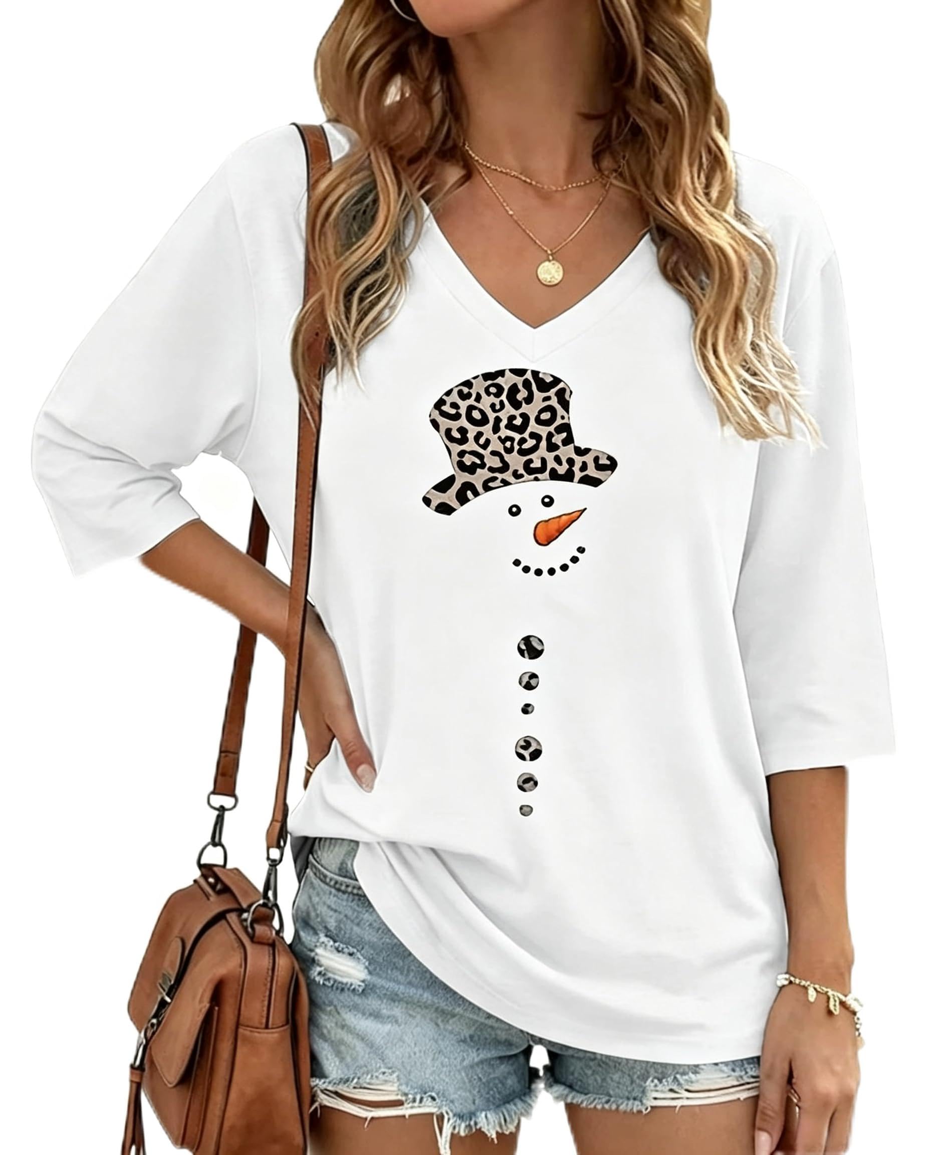 Womens Half Sleeve Fall Shirts Halloween V Neck Three Quarters Sleeve Pumpkin T-Shirts Thanksgiving Tops