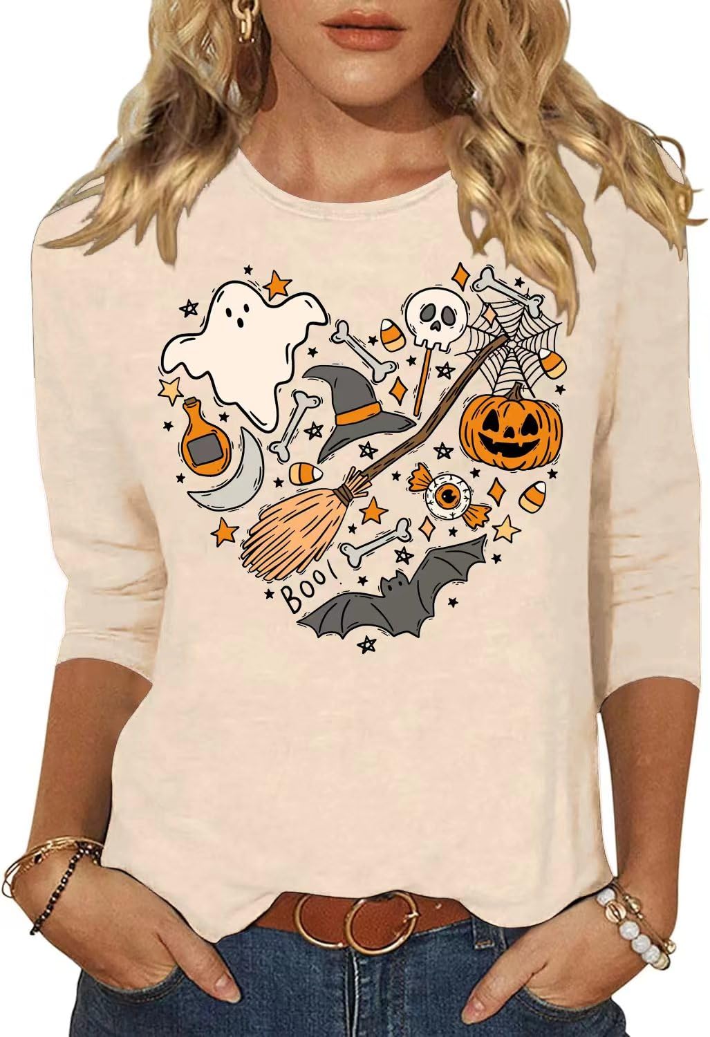 Woffccrd Womens Casual Halloween 3/4 Sleeve Crew Neck Tee Shirts Leopard Pumpkin Shirts Thanksgiving Fall Tops