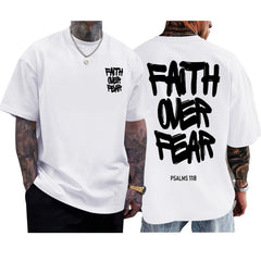 Men's Crew Neck Short Sleeve T-Shirt, "Faith Over Fear" Inspirational Religious Graphic Print, Casual Christian Faith Streetwear Tee