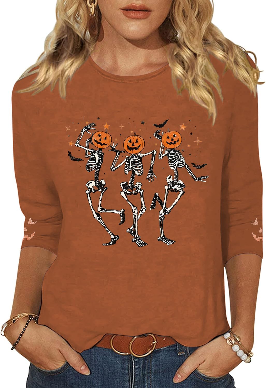 Woffccrd Womens Casual Halloween 3/4 Sleeve Crew Neck Tee Shirts Leopard Pumpkin Shirts Thanksgiving Fall Tops