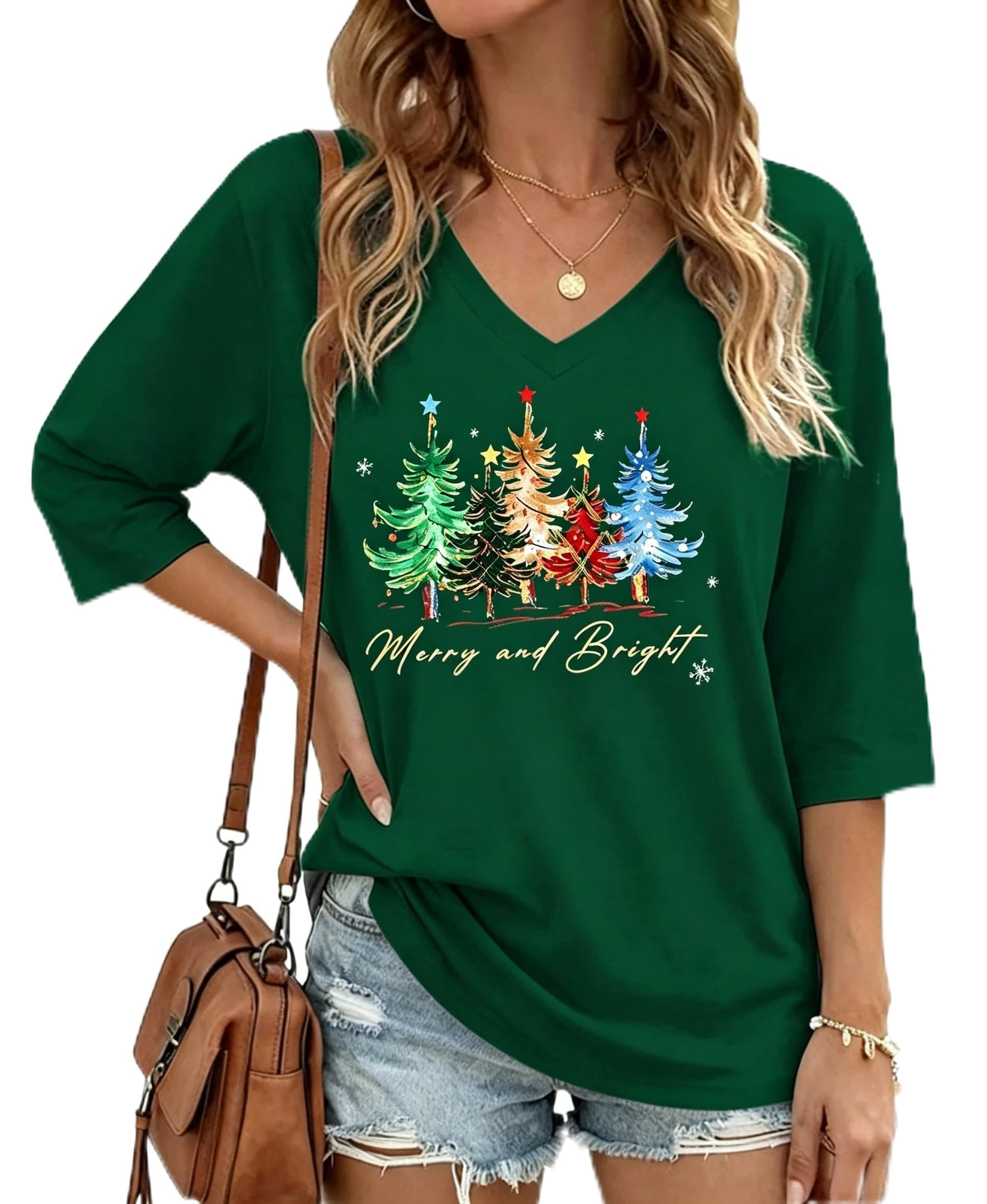 Womens Half Sleeve Fall Shirts Halloween V Neck Three Quarters Sleeve Pumpkin T-Shirts Thanksgiving Tops