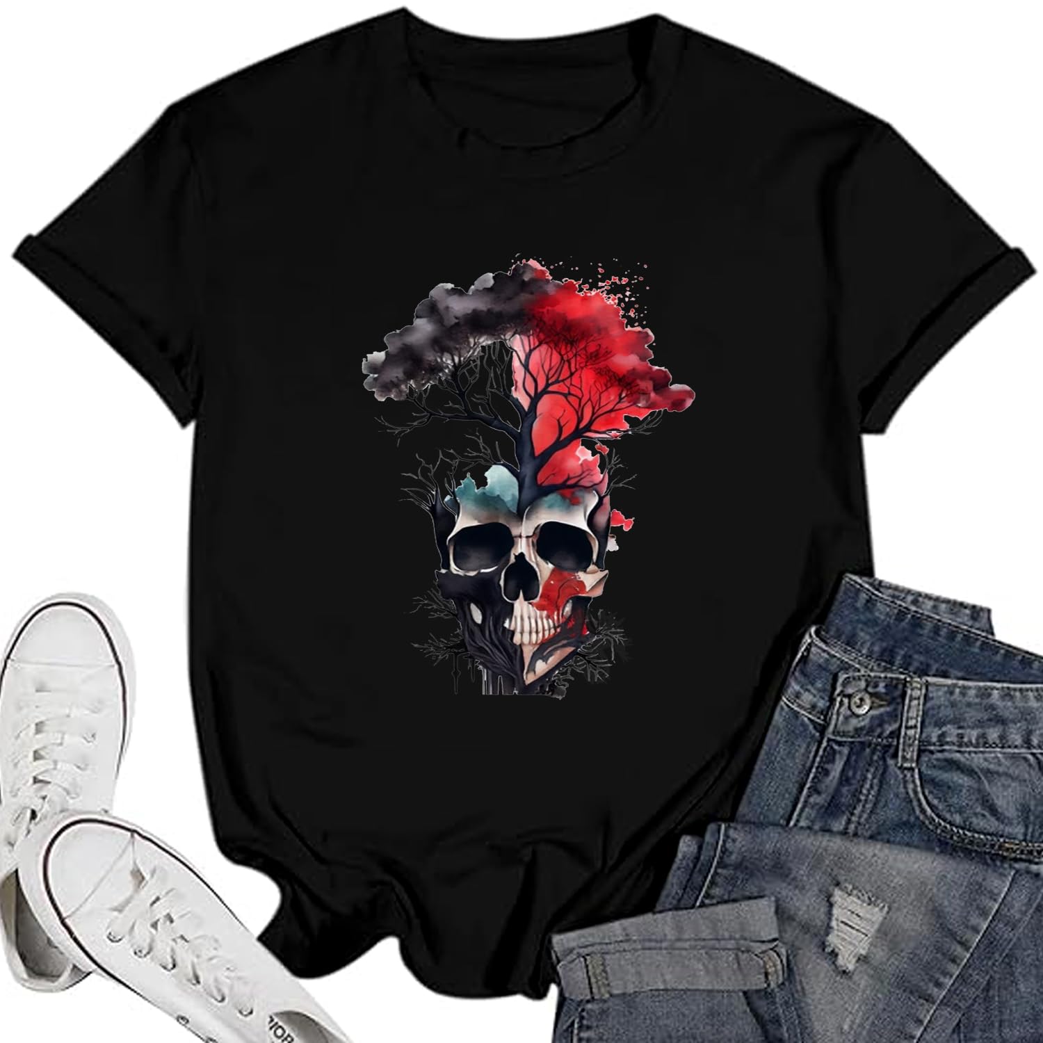 Funny Shirts for Women Vintage Skull Tshirt Holiday Short Sleeve Tops