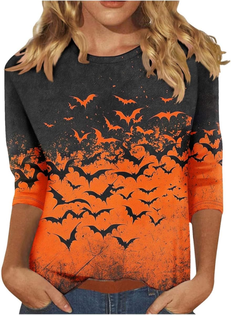 Woffccrd Womens Casual Halloween 3/4 Sleeve Crew Neck Tee Shirts Leopard Pumpkin Shirts Thanksgiving Fall Tops