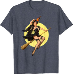 Vintage Pin up Witch Halloween Pinup Girl Funny Ilustration T-Shirt