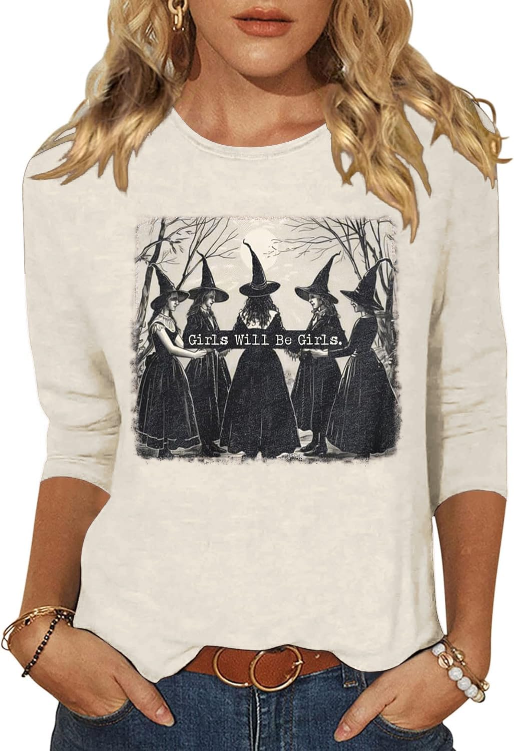 Woffccrd Womens Casual Halloween 3/4 Sleeve Crew Neck Tee Shirts Leopard Pumpkin Shirts Thanksgiving Fall Tops