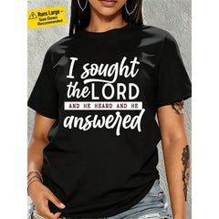 Women Faith Graphic T‑Shirt, Crew Neck Short Sleeve Tee, "I Sought The Lord And He Heard And Answered" Scripture Print Casual T shirt For Women