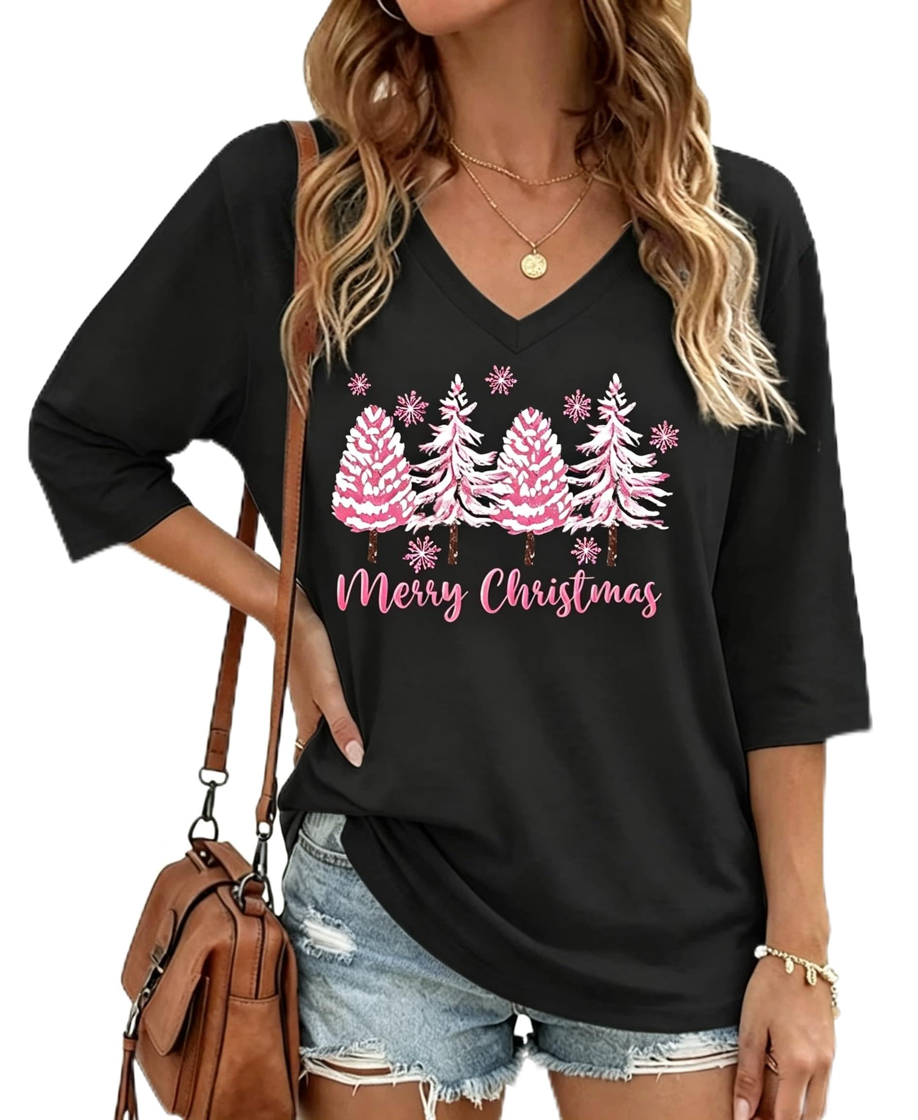 Womens Half Sleeve Fall Shirts Halloween V Neck Three Quarters Sleeve Pumpkin T-Shirts Thanksgiving Tops