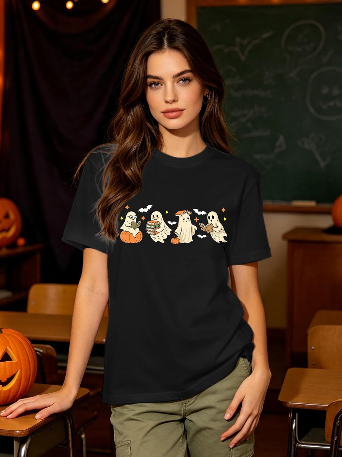 Womens Halloween Reader Shirts Ghost Pumpkin T-Shirt