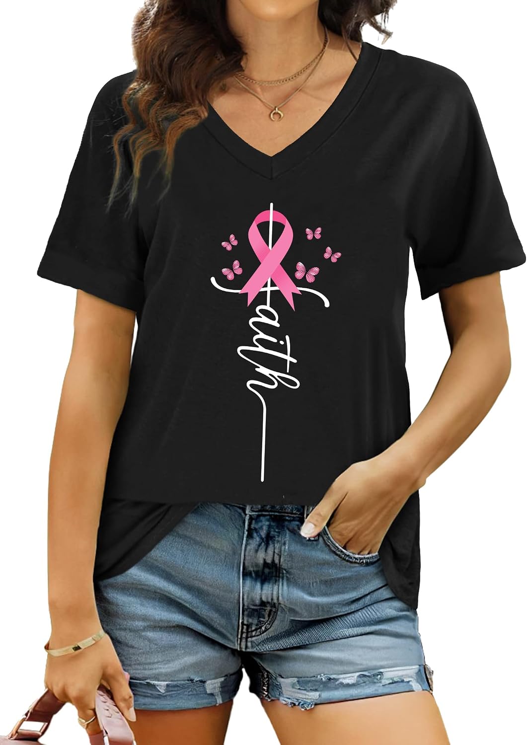 PECHAR Breast Cancer Shirts for Women: Pink Ribbon Breast Cancer Awareness T-Shirts Faith Inspirational Vneck Blouse Tops