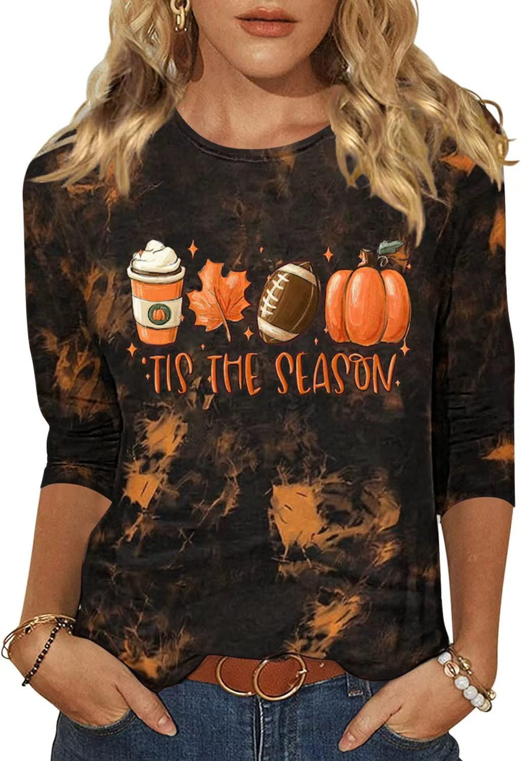 Woffccrd Womens Casual Halloween 3/4 Sleeve Crew Neck Tee Shirts Leopard Pumpkin Shirts Thanksgiving Fall Tops