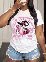 In October We Wear Pink Breast Cancer Awareness Halloween Ghost Witch Shirt Women Funny Autumn Festival Graphic Tee Top
