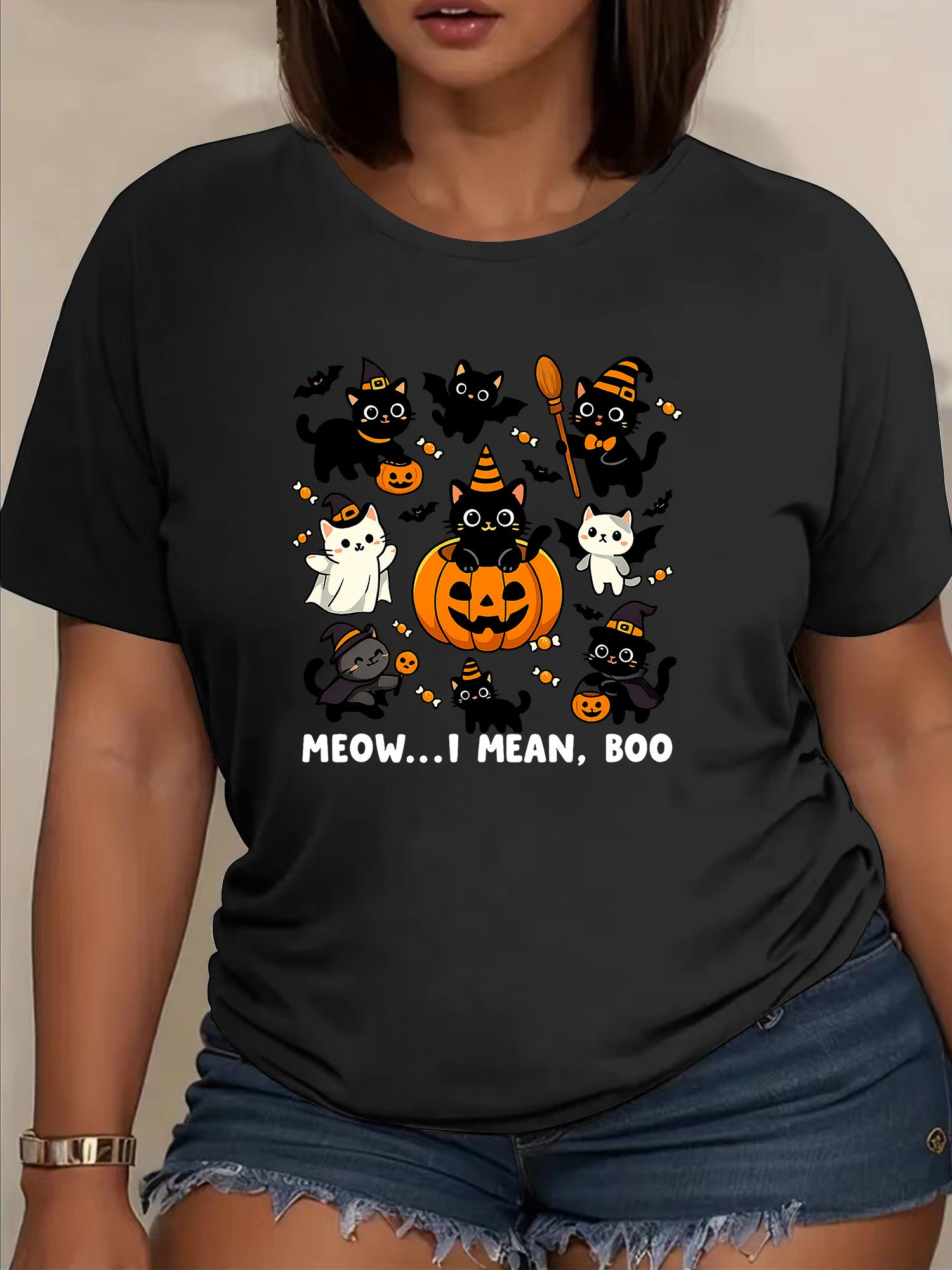 "Cat Halloween" Halloween Print T-shirt, Round-neck T-shirt, Women's Clothing, Summer T-shirt Top, Casual Loose Short-sleeved