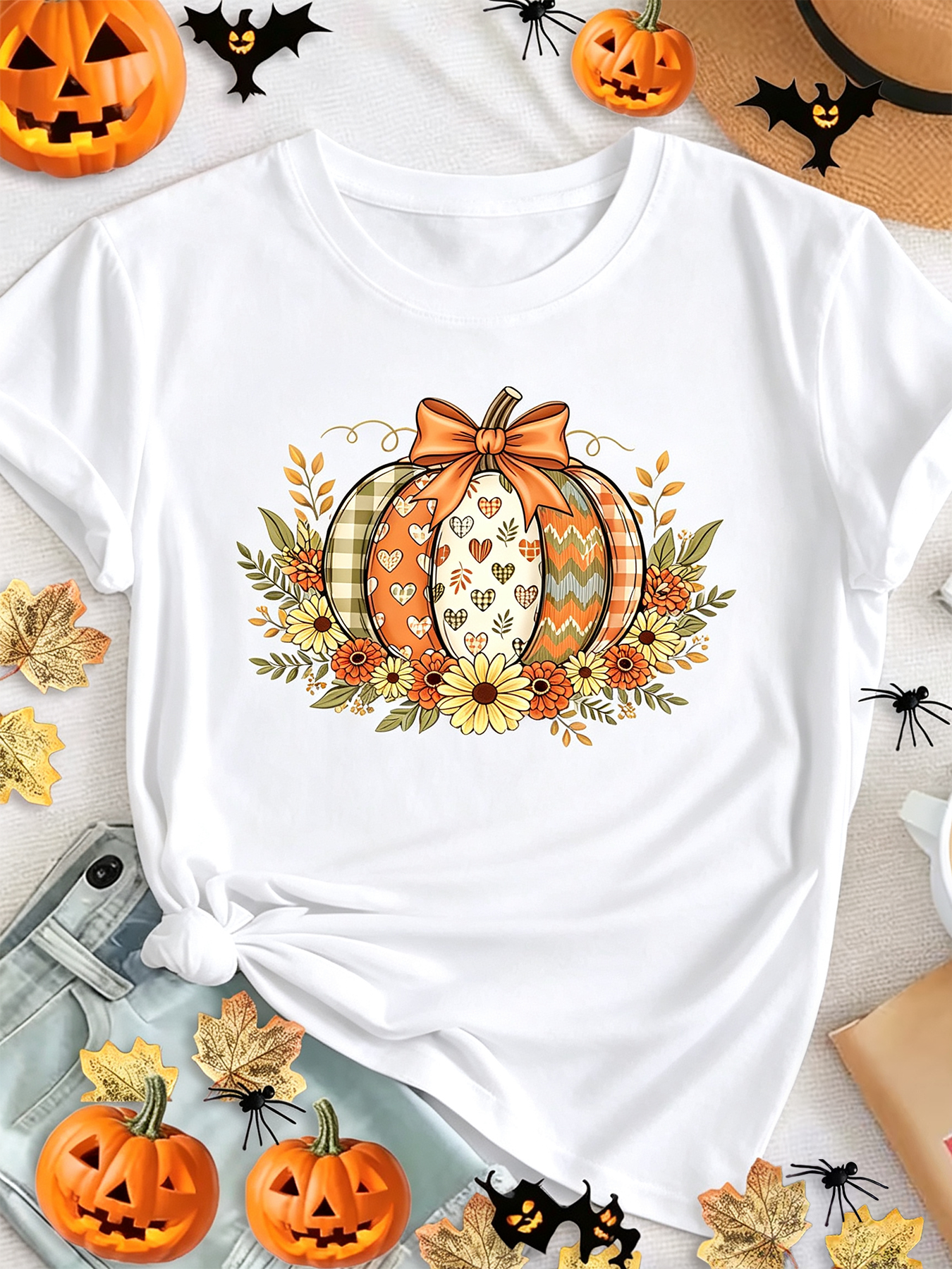 Women's Plaid Patchwork Pumpkin Floral Graphic T-Shirt, Fall Autumn Short Sleeve Crew Neck Tee, Thanksgiving Harvest Top