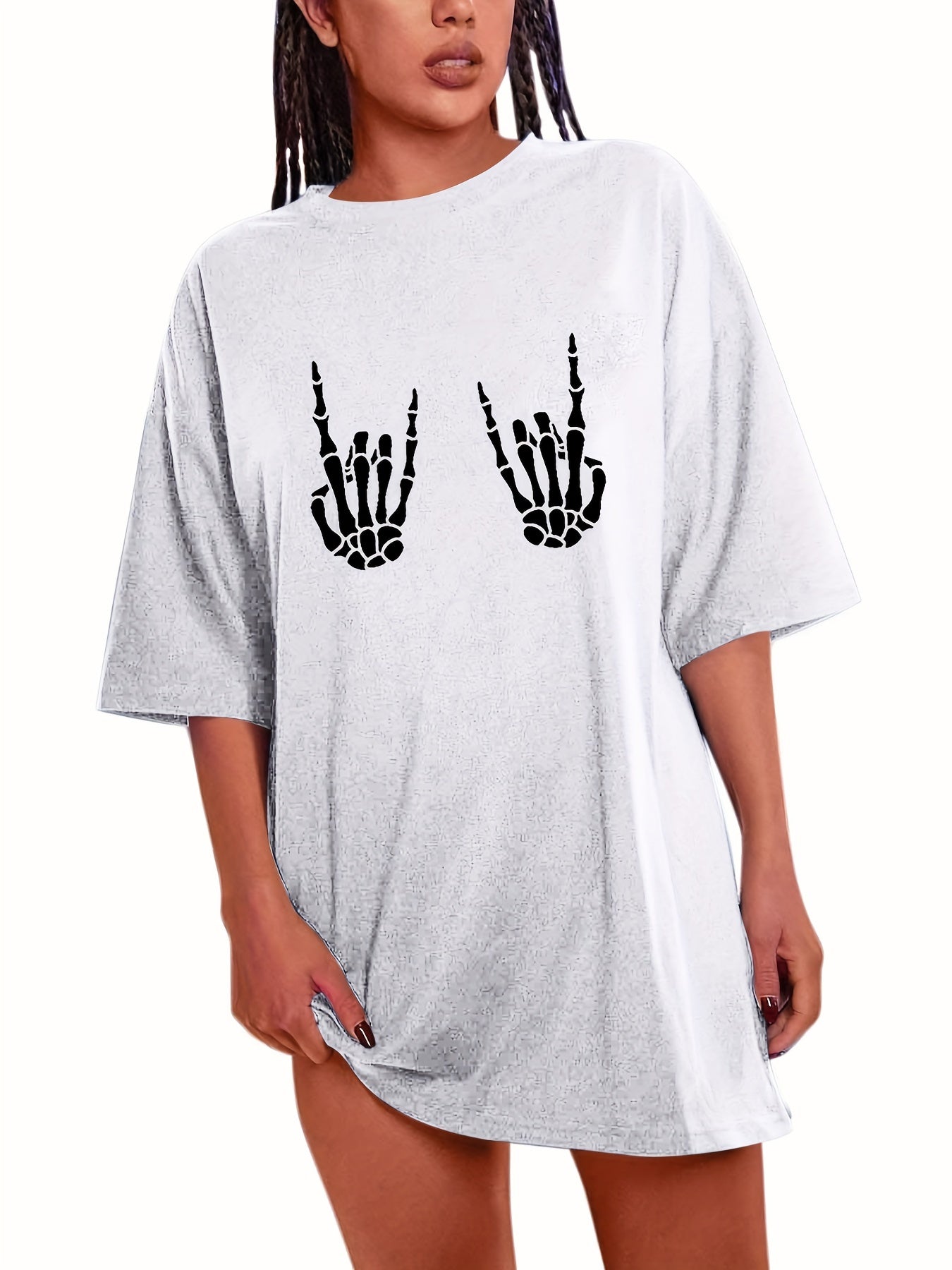 Skull Print Loose Short Sleeve Tee Summer Casual Crew Neck Fashion Top