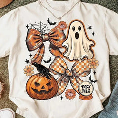 Women's Coquette Ghost Graphic T-Shirt, Vintage Halloween Casual Short Sleeve Top with Retro Checkered Pumpkin Print
