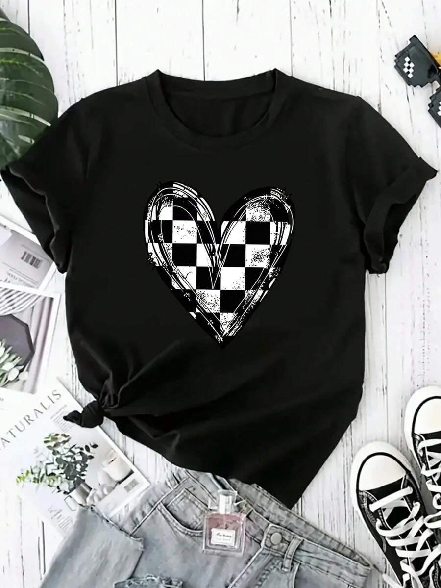 Women's Black "Distressed Checkerboard Heart" Graphic T-Shirt, Crew Neck Casual Top