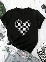 Women's Black "Distressed Checkerboard Heart" Graphic T-Shirt, Crew Neck Casual Top