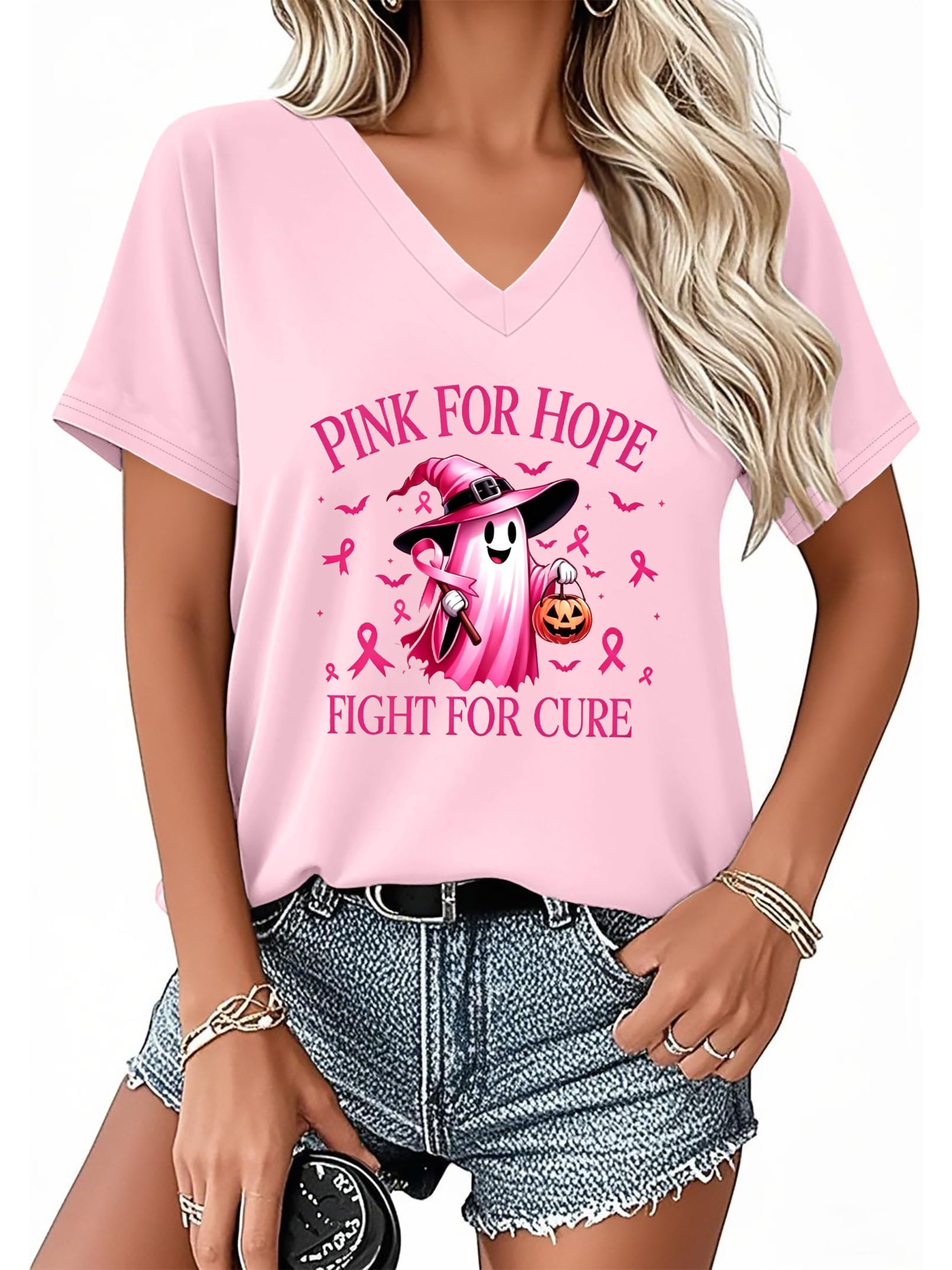 PECHAR Breast Cancer Shirts for Women: Pink Ribbon Breast Cancer Awareness T-Shirts Faith Inspirational Vneck Blouse Tops