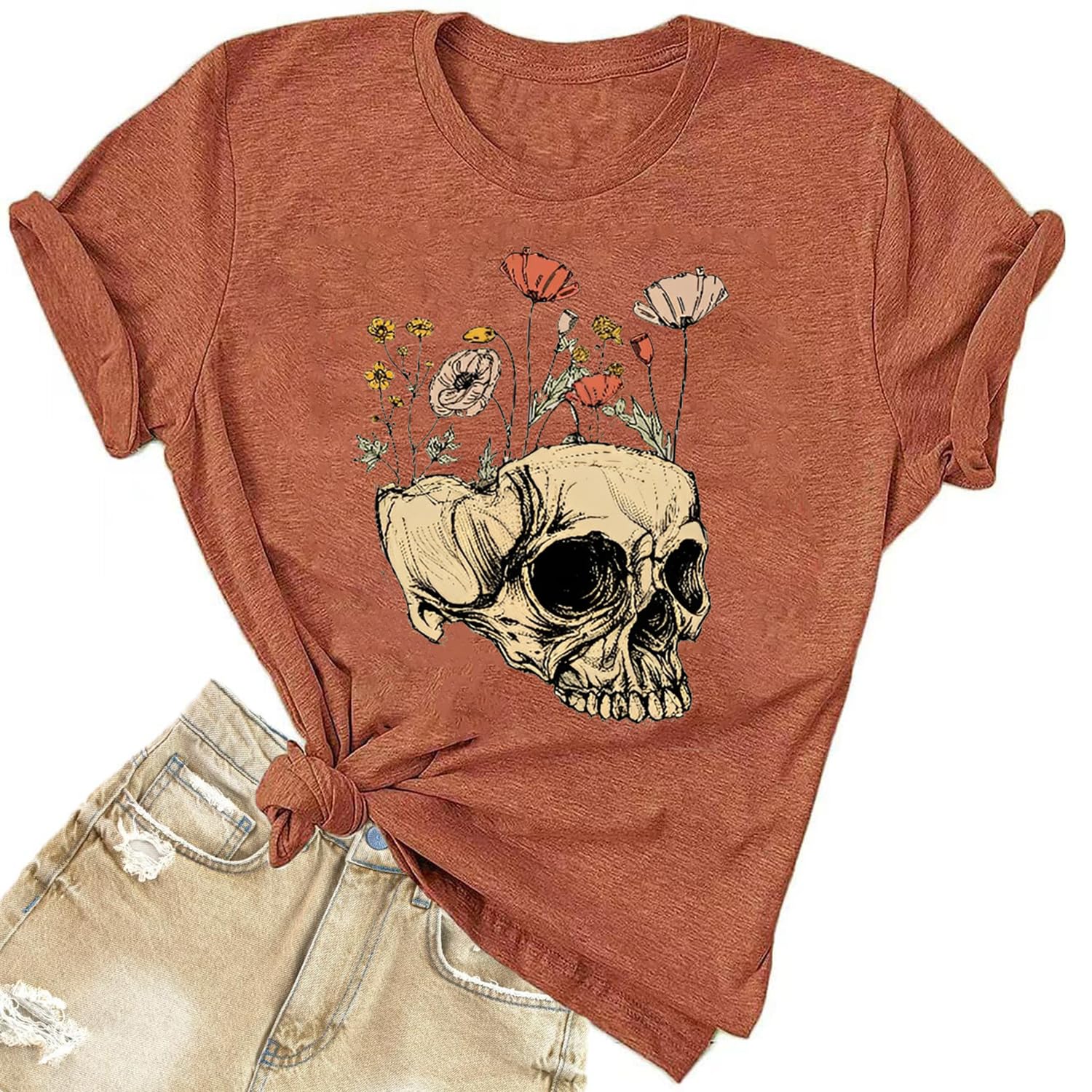 Funny Shirts for Women Vintage Skull Tshirt Holiday Short Sleeve Tops
