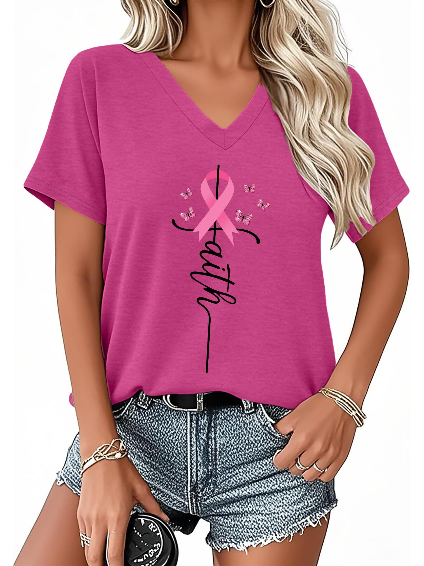 PECHAR Breast Cancer Shirts for Women: Pink Ribbon Breast Cancer Awareness T-Shirts Faith Inspirational Vneck Blouse Tops