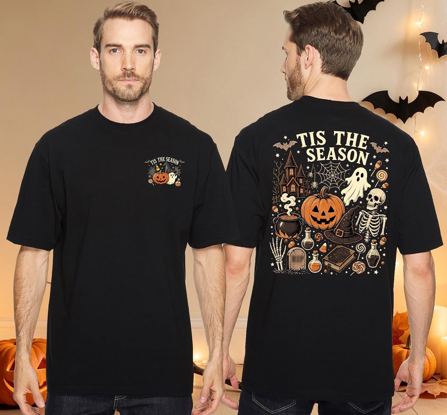 Halloween Shirt for Men Dancing Skeleton Tshirt Pumpkin Graphic Tee